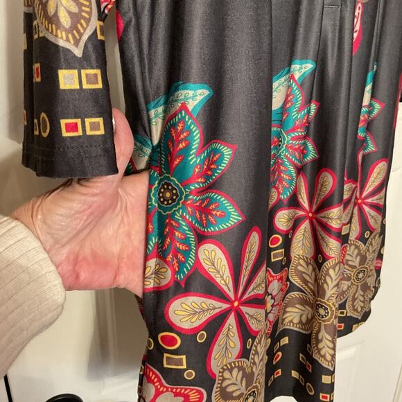 R&B Multi Color 3/4 Sleeve Boho Floral Resort Artsy Pockets Tunic Dress XL - Picture 3 of 8
